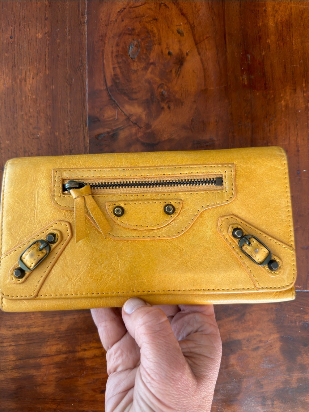 Balenciaga Yellow Leather Continental Wallet in excellent condition.